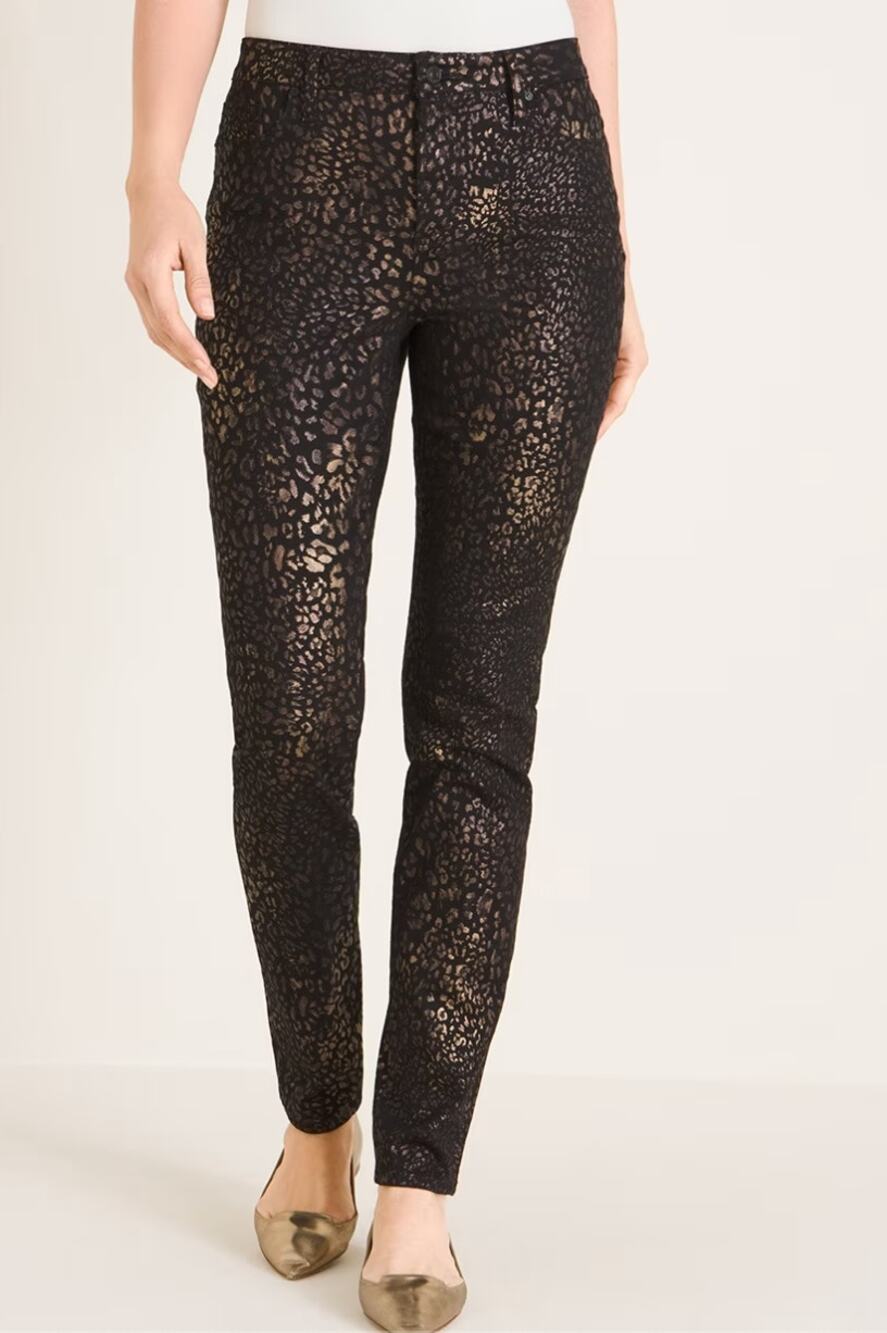 CHICOS NWT Petite Coated Animal-Print Fly-Front Black Gold Jeggings // 6 Petite
